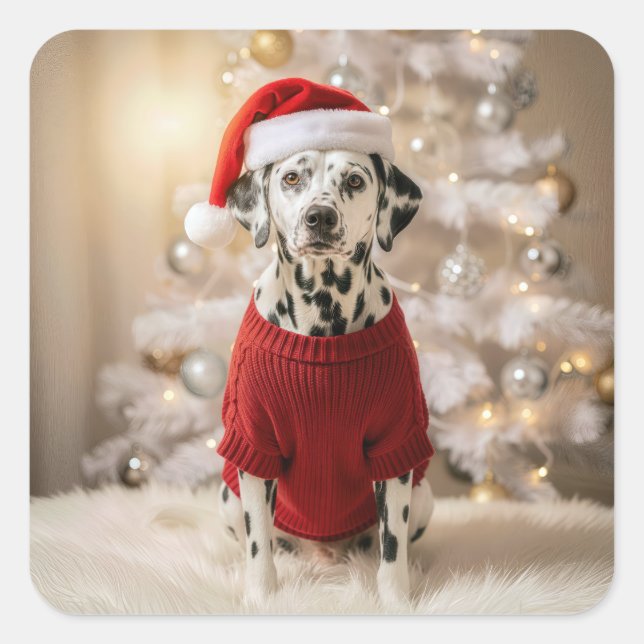 Adesivo Quadrado Christmas Dalmatian Dog In a Red Sweater (Frente)