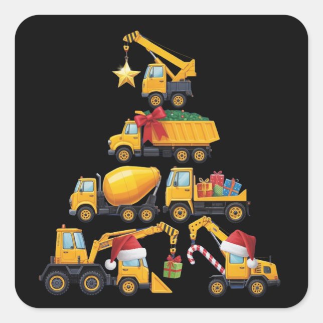Adesivo Quadrado Christmas Excavator Construction Truck Tree (Frente)