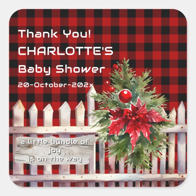 Adesivo Quadrado Christmas Fence Buffalo Plaid Baby Shower (Frente)