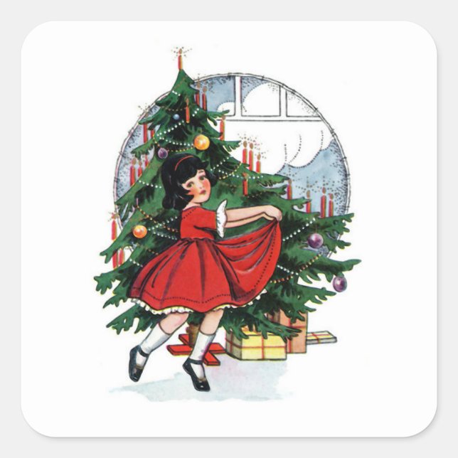 Adesivo Quadrado Christmas Girl Vintage Illustration (Frente)