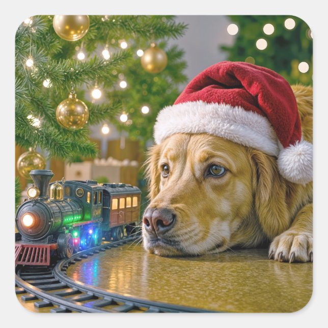 Adesivo Quadrado Christmas Golden Retriever Watching a Toy Train (Frente)