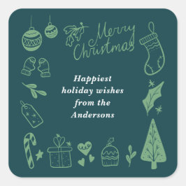 Adesivo Quadrado Christmas Green Cute Festive Hand Drawn Doodles