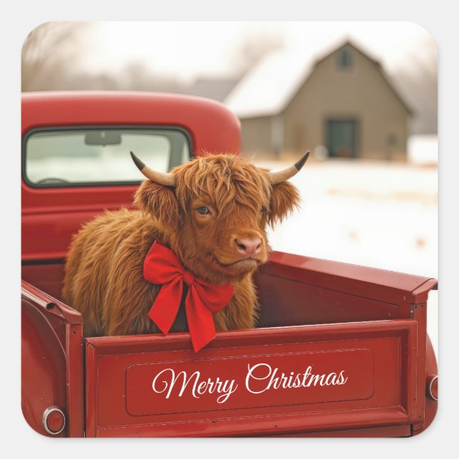 Adesivo Quadrado Christmas Highland Cow In Old Red Truck (Frente)