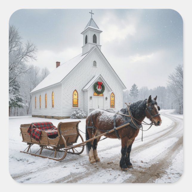 Adesivo Quadrado Christmas Horse-Drawn Sleigh Waiting By a Chapel (Frente)