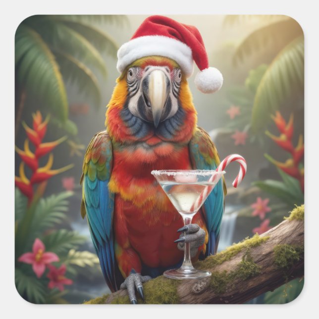 Adesivo Quadrado Christmas Macaw Parrot With Martini Cocktail (Frente)