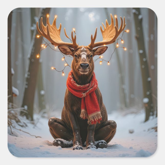 Adesivo Quadrado Christmas Moose Wearing Scarf and Lights (Frente)