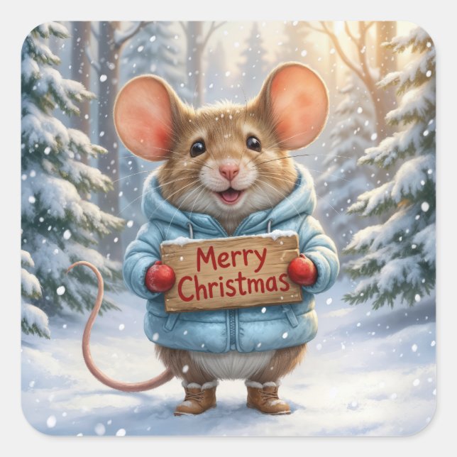 Adesivo Quadrado Christmas Mouse In Winter Forest (Frente)