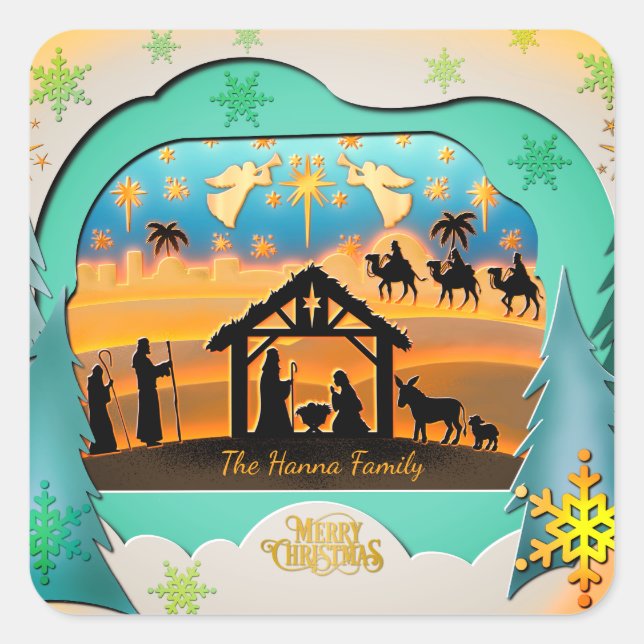 Adesivo Quadrado Christmas Nativity Scene 3D | Religious Holiday (Frente)