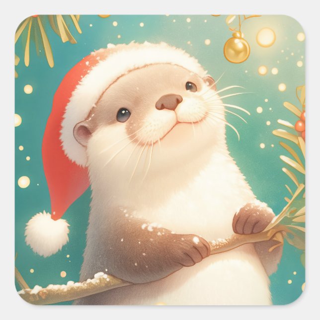 Adesivo Quadrado Christmas Otter in Santa Hat with Holly Berries (Frente)