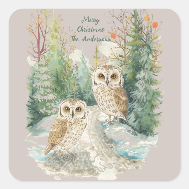 Adesivo Quadrado Christmas Owl Sticker – Woodland Forest Watercolor (Frente)