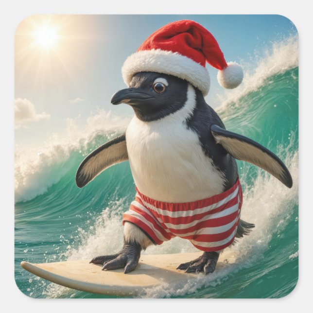 Adesivo Quadrado Christmas Penguin Surfing On an Ocean Wave (Frente)