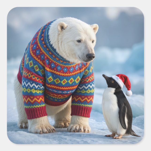 Adesivo Quadrado Christmas Polar Bear and Penguin Friends (Frente)