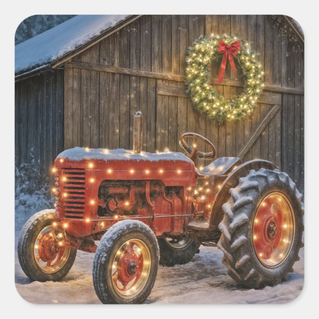 Adesivo Quadrado Christmas Red Farm Tractor With Glowing Wreath (Frente)