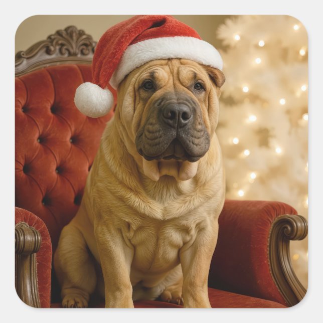 Adesivo Quadrado Christmas Shar-Pei Dog With Santa Hat (Frente)