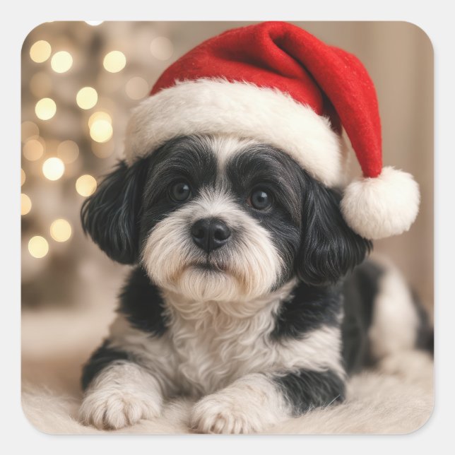 Adesivo Quadrado Christmas Shih Tzu Dog With Santa Hat (Frente)