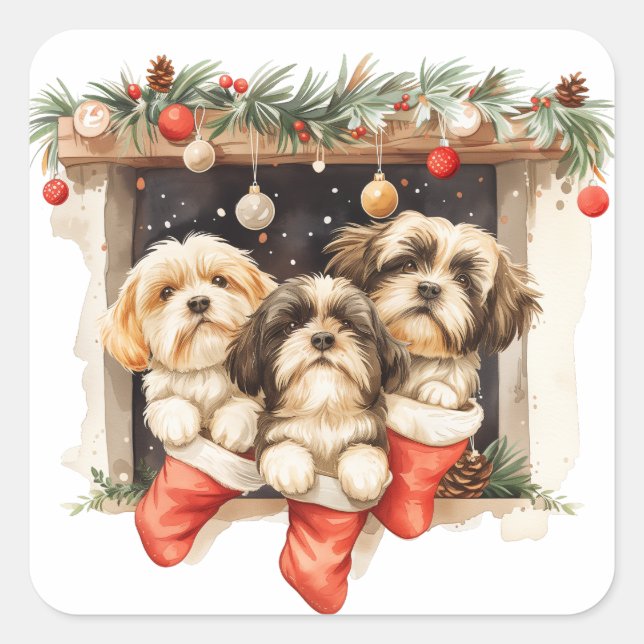 Adesivo Quadrado Christmas Shih Tzu Dogs (Frente)