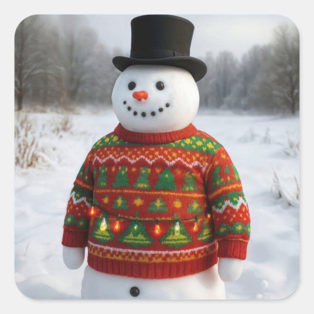 Adesivo Quadrado Christmas Snowman Wearing an Ugly Sweater (Frente)