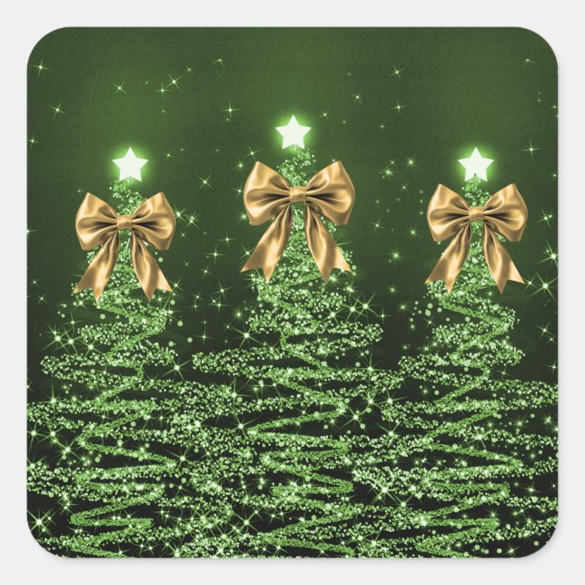 Adesivo Quadrado Christmas Sparkling Trees Green Faux Gold Bow  (Frente)