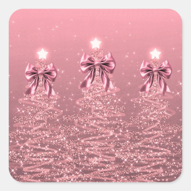 Adesivo Quadrado Christmas Sparkling Trees Pink Blush Faux Bow  (Frente)