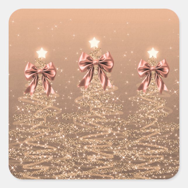 Adesivo Quadrado Christmas Sparkling Trees Rose Gold Faux Bow  (Frente)