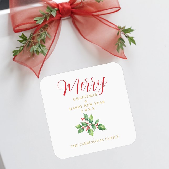 Adesivo Quadrado Christmas Sprig Holly Green Leaves & Red Berries (Christmas Sprig Holly Green Leaves & Red Berries Square Stickers.)