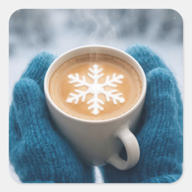 Adesivo Quadrado Christmas Winter Coffee With Mittens and Snowflake (Frente)