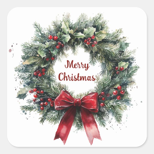 Adesivo Quadrado Christmas Wreath Holly Leaves Red Bow Greenery  (Frente)