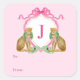 Adesivo Quadrado Christmas Wreath Leopard Crest Monogram 