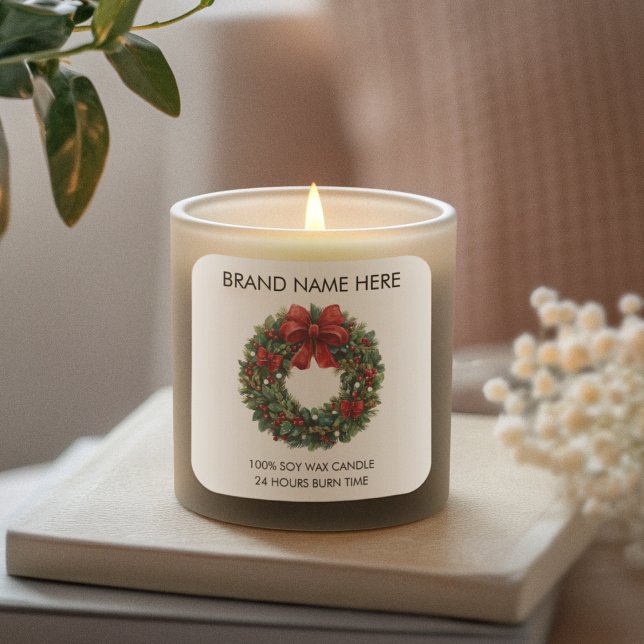 Adesivo Quadrado Christmas Wreath Red Bow | Modern Candle Labels (Criador carregado)