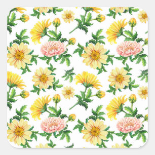 Adesivo Quadrado Chrysanthemum Watercolor: Design Floral sem costur