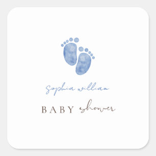 Adesivo Quadrado Chuva de Água Azul Pegadas de Bebê Baby Shower