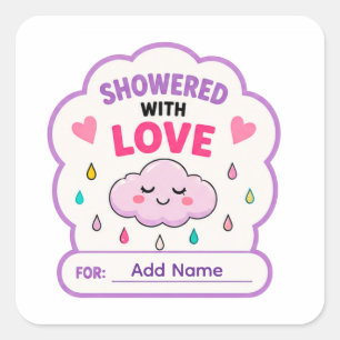 Adesivo Quadrado ☁️ Chuva de Amor Chuveiro de Bebê Nome ☁️