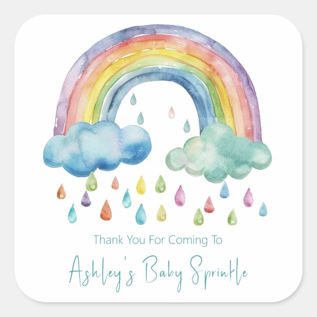 Adesivo Quadrado Chuva de Bebê Arco-íris Boho Aquarela (Frente)