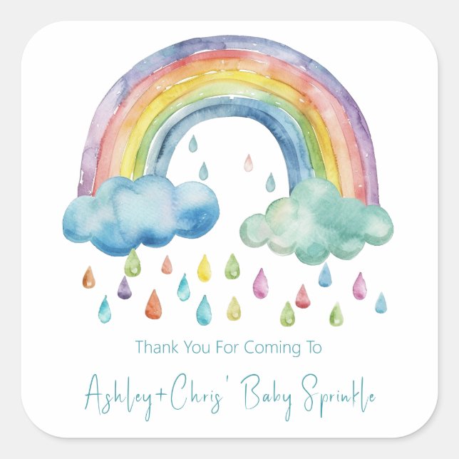 Adesivo Quadrado Chuva de Bebê Arco-íris Boho Aquarela (Frente)