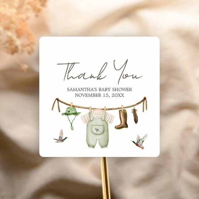 Adesivo Quadrado Chuva de Bebê Caça ao Pato (Little Hunter Duck Baby Shower Sticker)