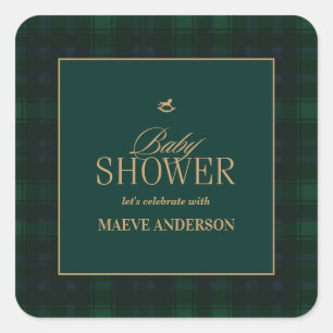Adesivo Quadrado Chuva de bebê em xadrez verde elegante com dourado