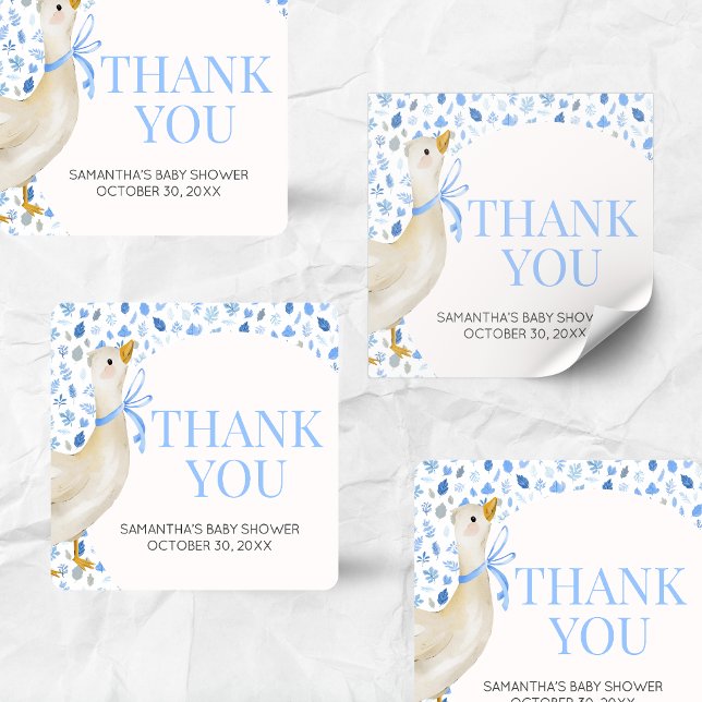 Adesivo Quadrado Chuva de Bebê Ganso Bobalhão Azul (Blue Little Silly Goose Baby Shower Square Sticker)