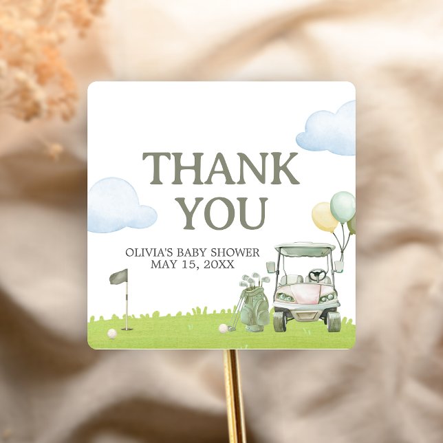Adesivo Quadrado Chuva de Bebê Little Putter Golf (Golf Little Putter Baby Shower Sticker)