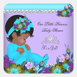 Adesivo Quadrado Chuva de Bebê Menina Afro-Americana Azul Teal Roxo