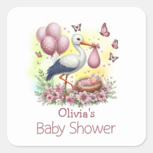 Adesivo Quadrado Chuva de Bebê Menina Cegonha Rosa