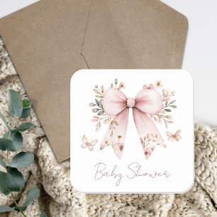 Adesivo Quadrado Chuva de Bebê Menina com Laço Rosa Floral Elegante