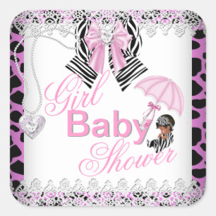 Adesivo Quadrado Chuva de Bebê Menina Rosa Zebra Africano Americano