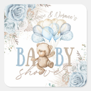 Adesivo Quadrado Chuva de Bebê Menino Urso Teddy Boho Azul Floral P