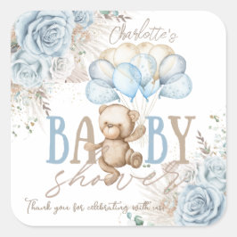 Adesivo Quadrado Chuva de Bebê Menino Urso Teddy Boho Azul Floral P