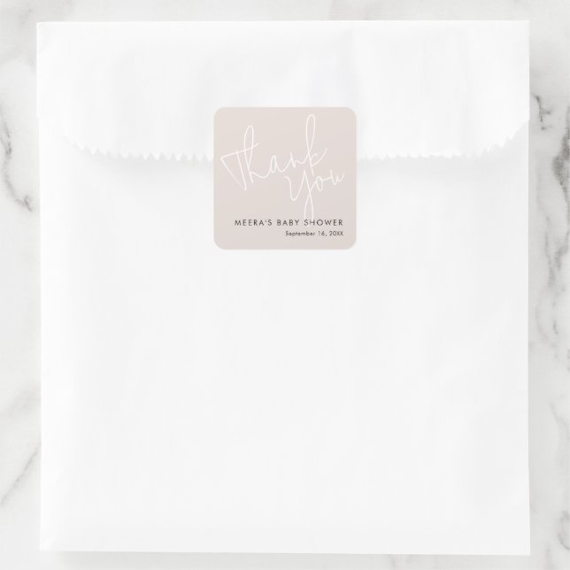 Adesivo Quadrado Chuva de Bebê Obrigada Script Moderno Rosa Empoeir (Bolsa)