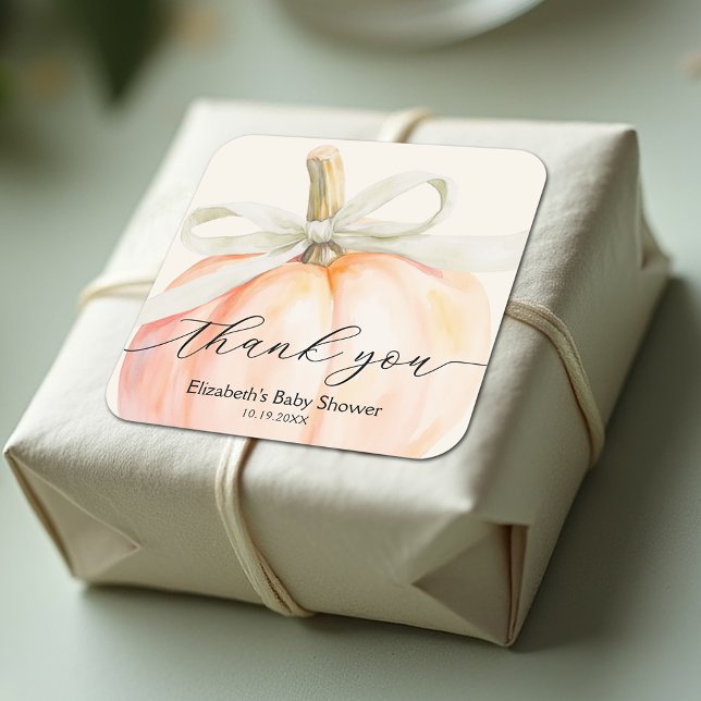 Adesivo Quadrado Chuva de Bebê Pequena Abóbora Arco de Marfim (Ivory ribbon and bow little pumpkin baby shower square stickers)