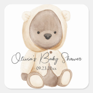 Adesivo Quadrado Chuva de Bebê Personalizada Aquarela Urso Fofo