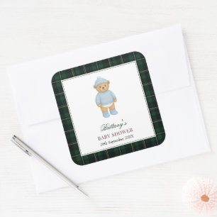 Adesivo Quadrado Chuva de Bebê Xadrez Clássico Preppy Urso Designer