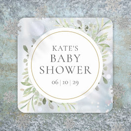 Adesivo Quadrado Chuva de Flocos de Neve Aguarela Bebé Shower Verde