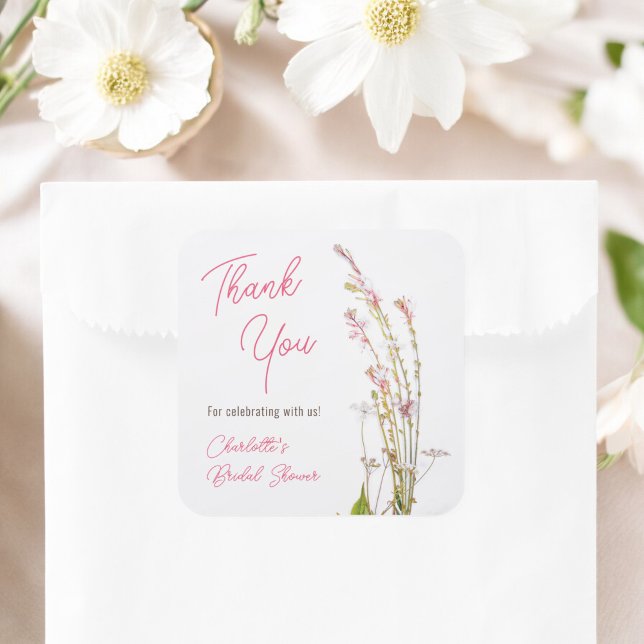Adesivo Quadrado Chuva de flores selvagens boho moderna obrigada ch (Modern boho wildflowers thank you bridal shower square sticker)